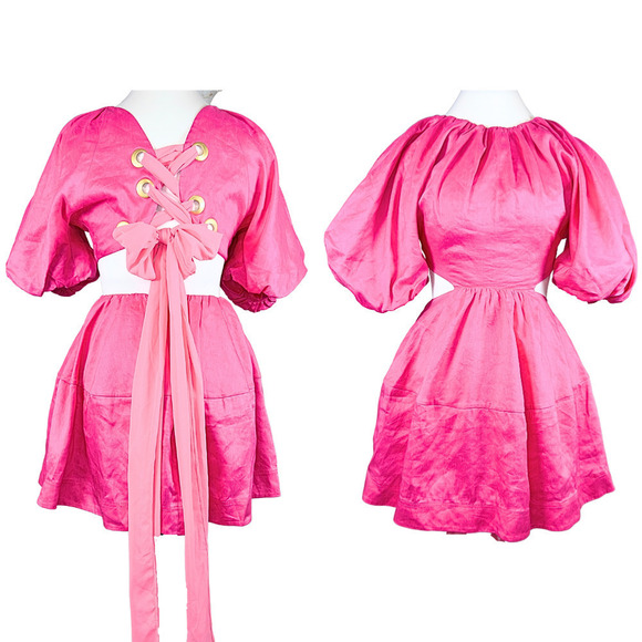 NWT Aje Admiration Hot Pink Balloon Sleeve Corset LaceUp Bow Mini Dress‎ US4|AU8 - Picture 5 of 13